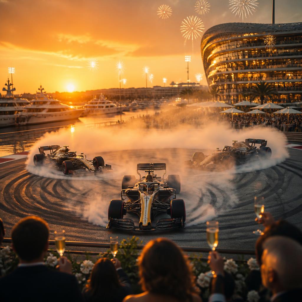 Three champions, one unforgettable tribute — Hamilton, Vettel, and Alonso create an iconic moment with synchronized donuts in Abu Dhabi 2018. Be part of it: F1 Abu Dhabi 2026 — save your Paddock Club Experience.